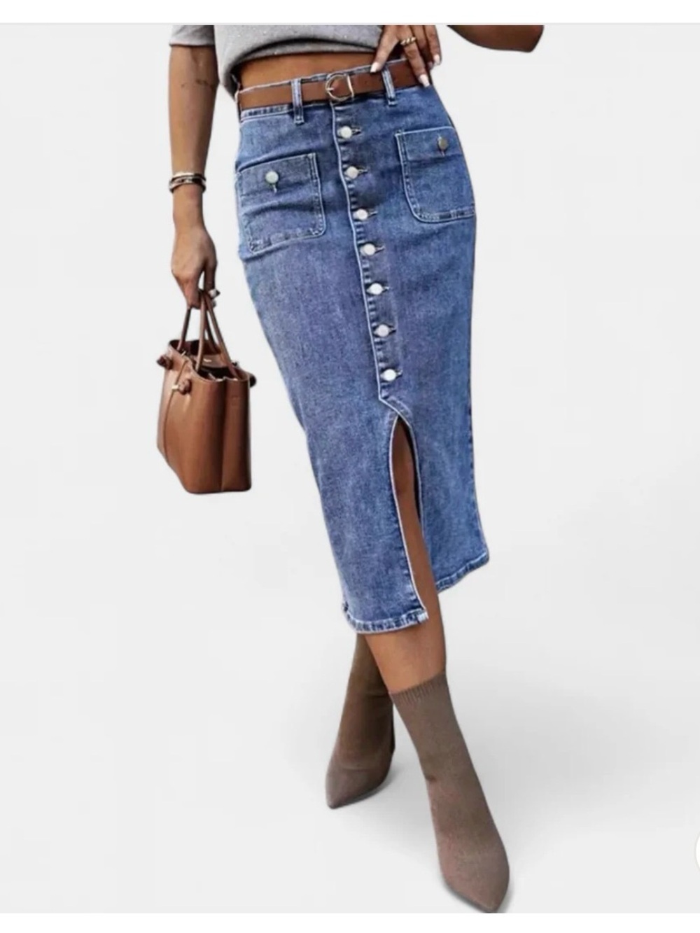 Flamingals High Waist Denim Midi Skirt Vintage Button Front Bodycon Jean Pencil